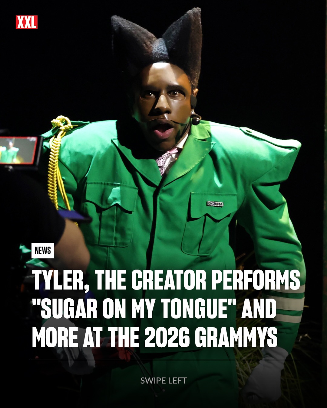 Tyler, The Creator performed an explosive set at the 2026 Grammy Awards, literally.

On Sunday (Feb. 1), the California rapper graced the stage at the 68th annual Grammy Awards and gave the audience a medley of songs, including “Sugar on My Tongue,” from 2025’s Don’t Tap the Glass, and “Thought I Was Dead” and “Like Him” from 2024’s Chromakopia.

It doesn’t seem like an expense was spared on Tyler’s show, which featured multiple sets and outfit changes. The performance concluded with a gas station set exploding and Tyler stumbling onto the floor in the audience and collapsing.

In addition to his set, Tyler took home the award for Best Album Cover for Chromakopia.
