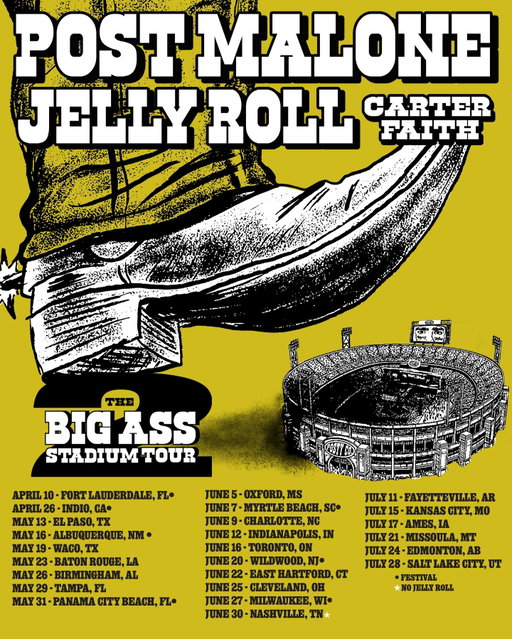 THE BIG ASS STADIUM TOUR PART 2 with @postmalone @jellyroll615 & @carterfaith is coming this spring. Pre-sale begins Feb 6th at 10a local time. Sign up for pre-sale tickets here: www.postmalone.com/shows