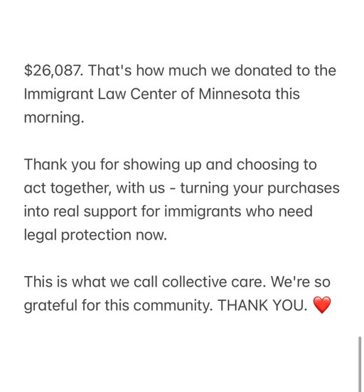 An update on our donation to Immigrant Law Center of Minnesota. This is what we call community for good. Thank you so much. ❤️