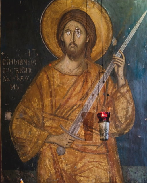 A rare 14th-century fresco in the Visoki Dečani Monastery in Kosovo depicts Jesus Christ holding a sword, rather than the traditional Gospel book. Known as “Christ the Swordbearer” or “Christ with the Sword Cutting Sin,” this symbolizes the spiritual authority of God’s word and judgment, not physical war,

“Do not think that I came to bring peace on earth. I did not come to bring peace but a sword.” - Matthew 10:34 ☦️