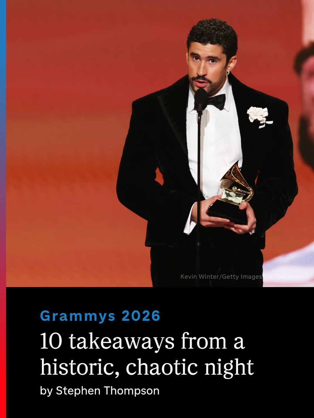 Another Grammy Awards telecast is in the books, and it was a night of historic wins, chaotic performances and viral moments, as well as speeches that frequently addressed this moment in American history.

Read Stephen Thompson’s rundown of some of Sunday’s highlights at the link in our bio. 🔗