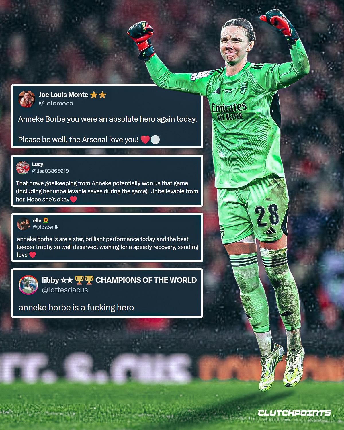 All the love to Anneke Borbe.

Arsenal’s goalkeeper suffered a collision with her teammate Lotte Wubben-Moy in the final moments of the FIFA Women’s Champions Cup.
Arsenal won 3-2, but Borbe’s injury resulted in her being carried off the court on a stretcher wearing an oxygen mask.
Anneke Borbe wasn’t able to be in the trophy presentation since she was taken to the hospital, but her teammates held her shirt in her honor.
It has been reported that she’s already been discharged from the hospital, but it remains to be seen if she’ll be able to play in Arsenal’s next game against Manchester City.

#AnnekeBorbe #Arsenal #WSL