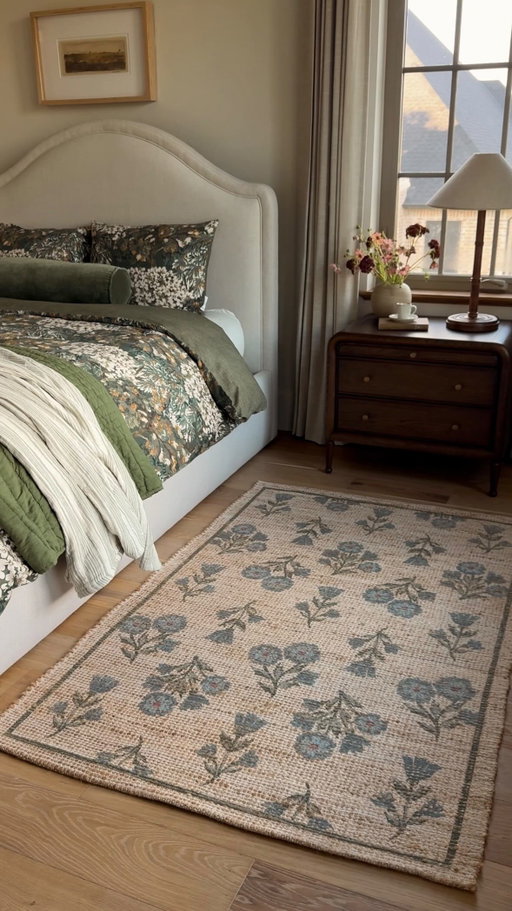 Proof you don’t always need a full-sized rug under your bed. For best results, try two 3×5 rugs placed on either side for softness the moment you step out of bed.

Rug: Rue RUE-04 Moss/Blue for @chrislovesjulia x Loloi. #CLJxLoloi