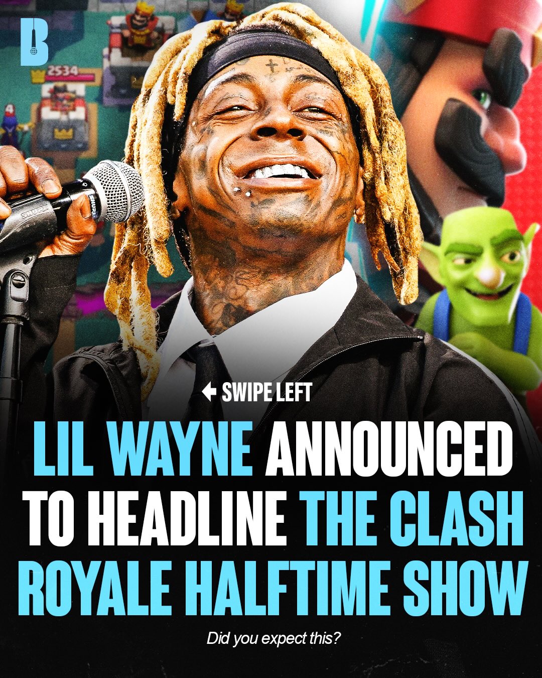 📲Follow @BARS so you don’t miss the Lil Wayne Clash Royal performance

Lil Wayne has been announced as the Clash Royale halftime show headliner 👀

The Clash Royale Halftime Show will be a virtual concert featuring Lil Wayne with a performance of ‘A Milli,’. The show will take place in the app this Friday

How many trophies do you think Wayne has?