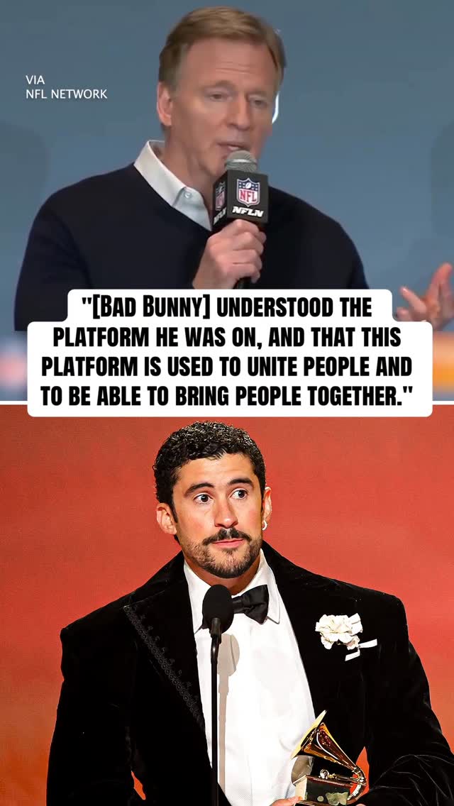 NFL commissioner Roger Goodell backs Bad Bunny for the Super Bowl halftime show after the artist’s remarks about ICE at Sunday’s Grammy Awards.

(via NFL Network)