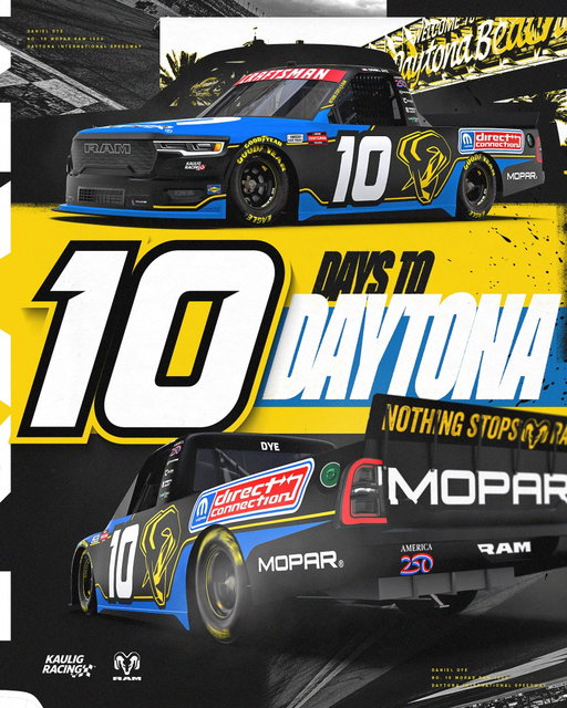 We're so close!! 

Only 🔟 days until Daniel Dye's No. 10 @officialmopar Ram 1500 goes wide open at Daytona! 🙌