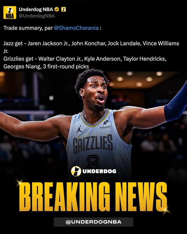Trade summary, per @shams :

Jazz get - Jaren Jackson Jr., John Konchar, Jock Landale, Vince Williams Jr.
Grizzlies get - Walter Clayton Jr., Kyle Anderson, Taylor Hendricks, Georges Niang, 3 first-round picks