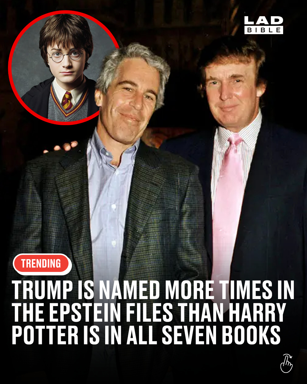 Donald Trump’s name appears in the Epstein files more than “Harry” does in the entire Harry Potter series 😲⁠
⁠
According to The New York Times, Trump is mentioned around 38,000 times across 5,300+ documents related to Jeffrey Epstein.⁠
⁠
For context, the name “Harry” (including full mentions) shows up 18,956 times across all seven Harry Potter books.⁠
⁠
A pretty crazy stat 😅
