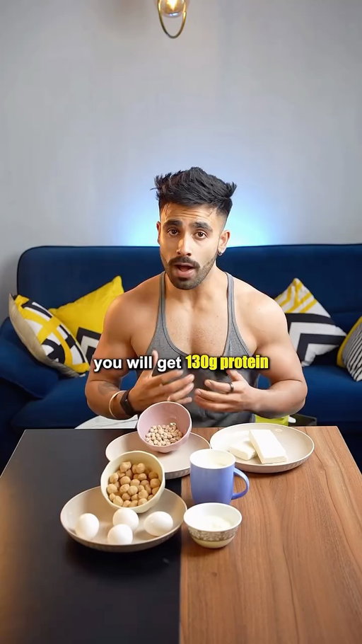 Save and share this video.

4 eggs - ₹10/pc
100g greek yogurt - ₹50
200g low fat paneer- ₹60
50g soy chunks- ₹8
50g roasted channa- ₹12
250ml low fat milk- ₹18

Total Energy and Macros:
1,159 kcal
129 g protein
75g carbs
40g fats
