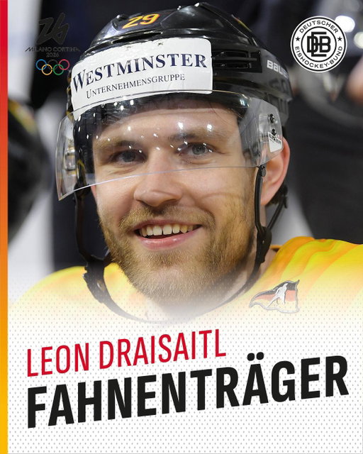 Leon Draisaitl wird Fahnenträger von #TeamD 🔥

Unser NHL-Star wird bei der Eröffnungsfeier in Mailand die deutsche Fahne tragen! 🇩🇪😍 Das bestätigte der DOSB am heutigen Abend! 🤩 

Herzlichen Glückwunsch, Leon! 👏

#debteams #eishockey #olympics #fahnenträger