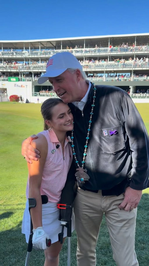 Thunderbird Dan Fox joins @lulug.strong after she just played the Iconic 16th Hole at the @wmphoenixopen, ending with an amazing putt! 🌟⛳️

#thunderbirdscharities #wmphoenixopen