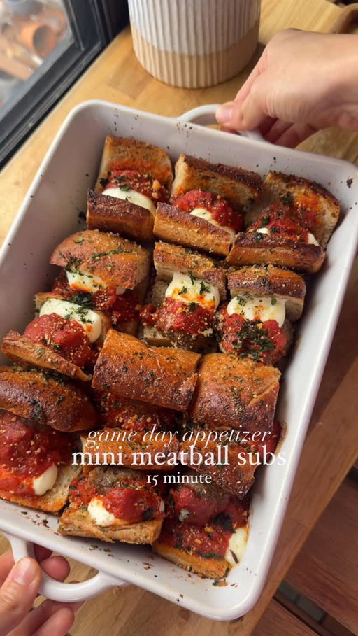 Mini Meatball Subs- the perfect appetizer for game day! These take just 15 minutes to make. I used @impossible Homestyle Meatballs which take as little as 2 minutes to make. They’re made from plants and have the best taste and texture! Plus they’re packed with 12g of protein per serving, making each of these little subs protein packed, and  are a must make addition to your game day spread! #ImpossibleFoodsPartner 

Ingredients:
4 sandwich rolls, each sliced into 3 mini pieces 
12 @impossible Homestyle Meatballs 
½ cup marinara sauce of choice 
4 cheese sticks of choice, cut into 3 pieces each 
Topping: 
¼ cup butter, melted 
1 tsp garlic powder 
½ tsp salt 
1/2 tsp basil 

Instructions:
Preheat oven to 400F
Cook your Impossible Meatballs according to package instructions 
In a small bowl, combine butter, garlic, salt, and basil 
Grease a baking dish and add in the sandwich bread 
Assemble the subs by adding a meatball, ⅓ cheese stick, and spoonful of marinara sauce. Repeat for each mini sub 
Brush all of the subs with the butter mixture 
Bake at 400F for 8-10 minutes, until the cheese is nice and melted and the bread is nice and toasted. 
Serve and enjoy! 

#appetizers #biggame #footballappetizers #easyrecipes