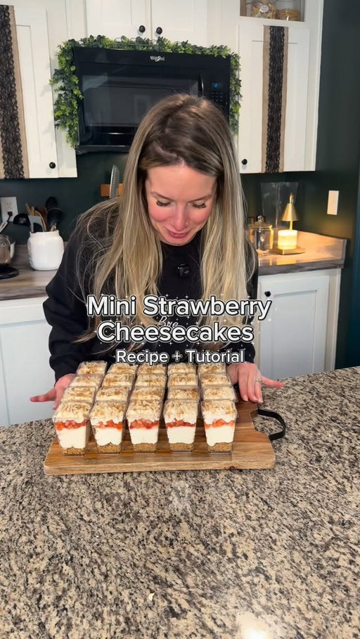 🍓 Mini No-Bake Strawberry Cheesecakes 🍰
Chocolate isn’t my favorite so of course I had to do the classic version.
And I’m not even being dramatic when I say I could eat these for every damn meal.

Ingredients

Crust
• 2 cups graham crackers, crushed fine
• 1 stick unsalted butter, melted

No-Bake Cheesecake
• 3 packs cream cheese, softened
• 2 cups heavy cream
• 3 tbsp honey
• 1½ tbsp vanilla
• pinch of salt

Icing
• 1 pack cream cheese, softened
• ⅓ cup brown sugar
• 1 tsp vanilla
• 10 oz Cool Whip (soft)

Fruit
• 2 lbs fresh strawberries, diced

Method
	1.	Mix crumbs + butter. Add 2 tbsp to each 5-oz cup (makes 24). Chill.
	2.	Whip cheesecake ingredients until fluffy. Pipe over crust (just over halfway). Chill.
	3.	Dice strawberries.
	4.	Whip icing ingredients.
	5.	Add 2 tbsp strawberries, icing, and a sprinkle of leftover crust.
	6.	Refrigerate at least 1 hour.

I’m obsessed. Save this one. 🍓🤌🏻