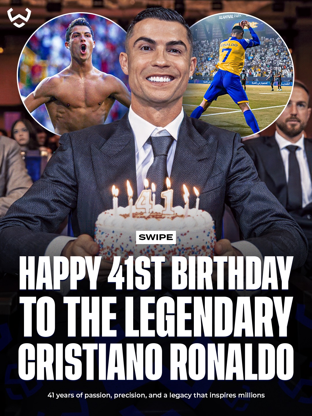 Happy 41st birthday, @cristiano 🥳🎂🐐

Cristiano Ronaldo is the most followed person on Instagram and one of football’s greatest record breakers.

The first player to reach 100 Champions League goals, the competition’s all time top scorer, and the leader in international caps and goals in men’s football.