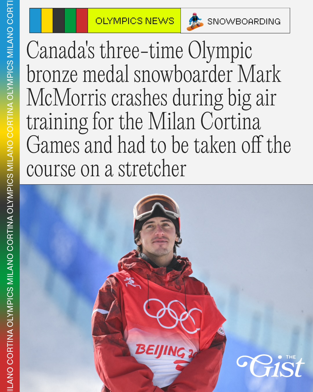 Another athlete down right before the Winter Olympics. 😩⁣
⁣
Canadian snowboarding icon Mark McMorris was stretchered off the course Wednesday night after a "heavy crash" during big air training for the Milan Cortina Games. 👀⁣
⁣
The 32-year-old was prepping for Thursday’s qualifying event (just 24 hours before the Opening Ceremony). 😭⁣
⁣
The COC and Canada Snowboard are currently attending to him; no specific update on his condition has been released yet. 😔⁣
⁣
McMorris is a three-time Olympic bronze medalist and 12-time X Games champ known for his incredible resilience after a near-fatal 2017 crash. 😳⁣
⁣
A massive blow for Team Canada on the eve of the Games. 🇨🇦⁣
⁣
Sending all the healing energy to a legend who’s beaten the odds before.🏂⁣
⁣
#teamcanada #milanocortinaolympics #milanocortina2026 #olympics #menssports #snowboarding