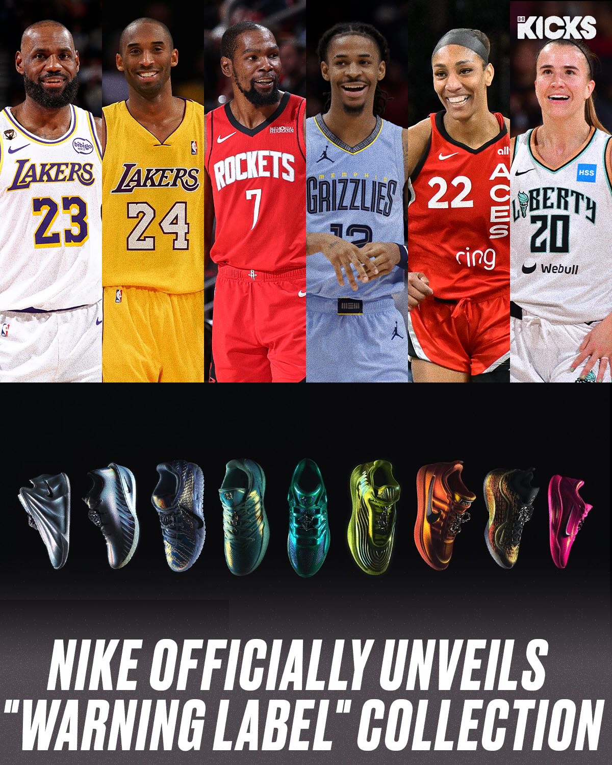 Nike has officially unveiled its “Warning Label” collection dropping exclusively in LA for NBA All-Star weekend 🌟 

The collection features:
▪️Nike LeBron 23 
▪️Nike Ja 3
▪️Nike Kobe 3 Low 
▪️Nike KD 18
▪️Nike A’One 
▪️Nike G.T. Cut 4 
▪️Nike Freak 7
▪️Nike Book 2
▪️Nike G.T. Future 
▪️Nike Sabrina 3