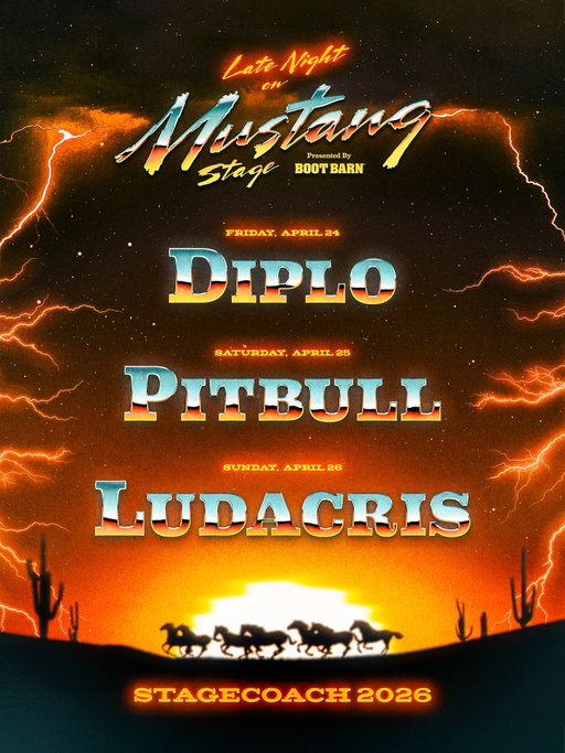 Rodeo runs late ‘round here 🐎
@diplo, @pitbull, and @ludacris are taking over Late Night on Mustang this April. Join the party at stagecoachfestival.com