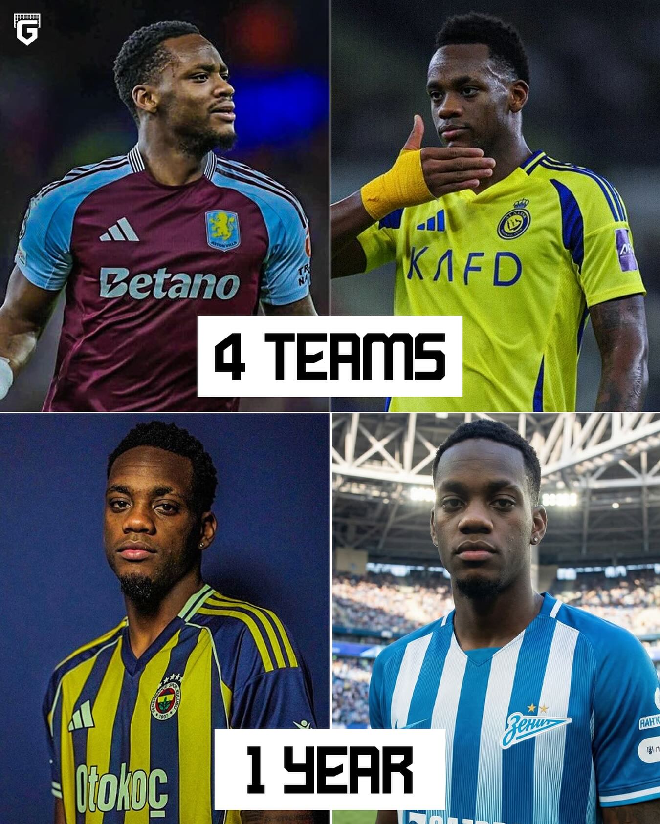 Following his transfer to Zenit, Jhon Durán has moved to 4 clubs in ONE year 🤯😭

His current career journey has been incredible!

🇨🇴 Envigado
🇺🇸 Chicago Fire
🏴󠁧󠁢󠁥󠁮󠁧󠁿 Aston Villa
🇸🇦 Al-Nassr
🇹🇷 Fenerbahçe
🇷🇺 Zenit

4 Transfers in 3 transfer windows has to be a record…JHON DURAN WORLD TOUR ✈️