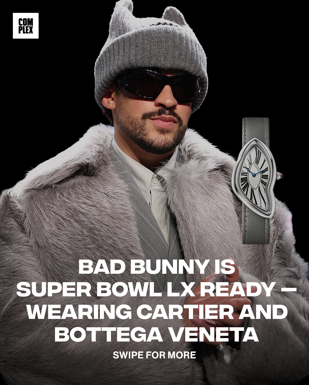 This pre Benito Bowl fit >>>>  Bad Bunny attended the Apple Music Super Bowl LIX Halftime Show Press Conference wearing Bottega Veneta Spring/Summer 2026 and a Cartier Crash watch, platinum, in 18k white gold

Styled by: @stormssmoov