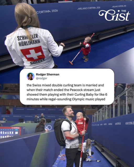 The viral "Curling Baby." 🥌⁣
⁣
Switzerland’s mixed doubles curling duo Yannick Schwaller and Briar Schwaller-Hürlimann opened competition with a Day 1 win, but the real headline came after the final stone. ✨⁣
⁣
Briar celebrated by greeting her year-and-a-half-old son, River, who promptly grabbed her broom, pushed it across the ice, and stole the show in a matching Switzerland jersey. Meet the Olympics’ newest fan favourite: the “Curling Baby.” ❤️🇨🇭⁣
⁣
With Olympic medals running deep on both sides of the family, it’s safe to say curling might already be in his future , even if his parents are keeping the pressure off for now. 👶❄️⁣
⁣
#milanocortinaolympics #milanocortina2026 #olympics #sports #curling