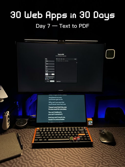 Comment “PDF” 👇

Day 7/30 — Text to PDF 
I’m building 30 web apps in 30 days.

Today’s project turns text & Markdown into clean PDFs — fully in the browser. 
No signup. No noise. Just output.