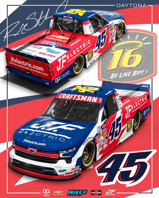 An electric tribute for a teammate ⚡️🦅

@stenhousejr will sport the @jfelectricinc colors and the iconic Biffle font on the No. 45 Chevy Silverado at Daytona.

#PressTheAttack | #TeamChevy | #BeLikeBiff
