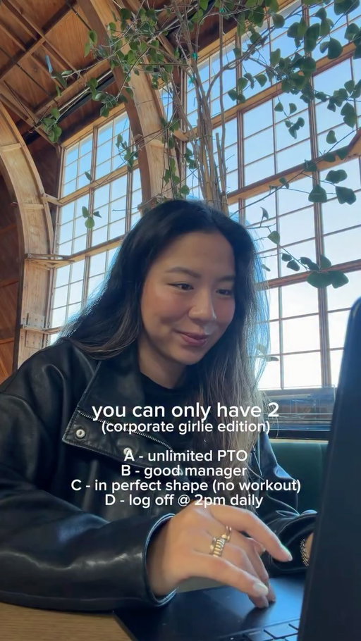 what are we choosing & there IS a right answer….. 

(B & D) - if you can end your day early every day, I feel like the quality of your life would just increase so much that it would be worth the limited paid time off. And then a good manager is probably the most important thing about your work. It can pretty much make her break your career.

#corporatelife