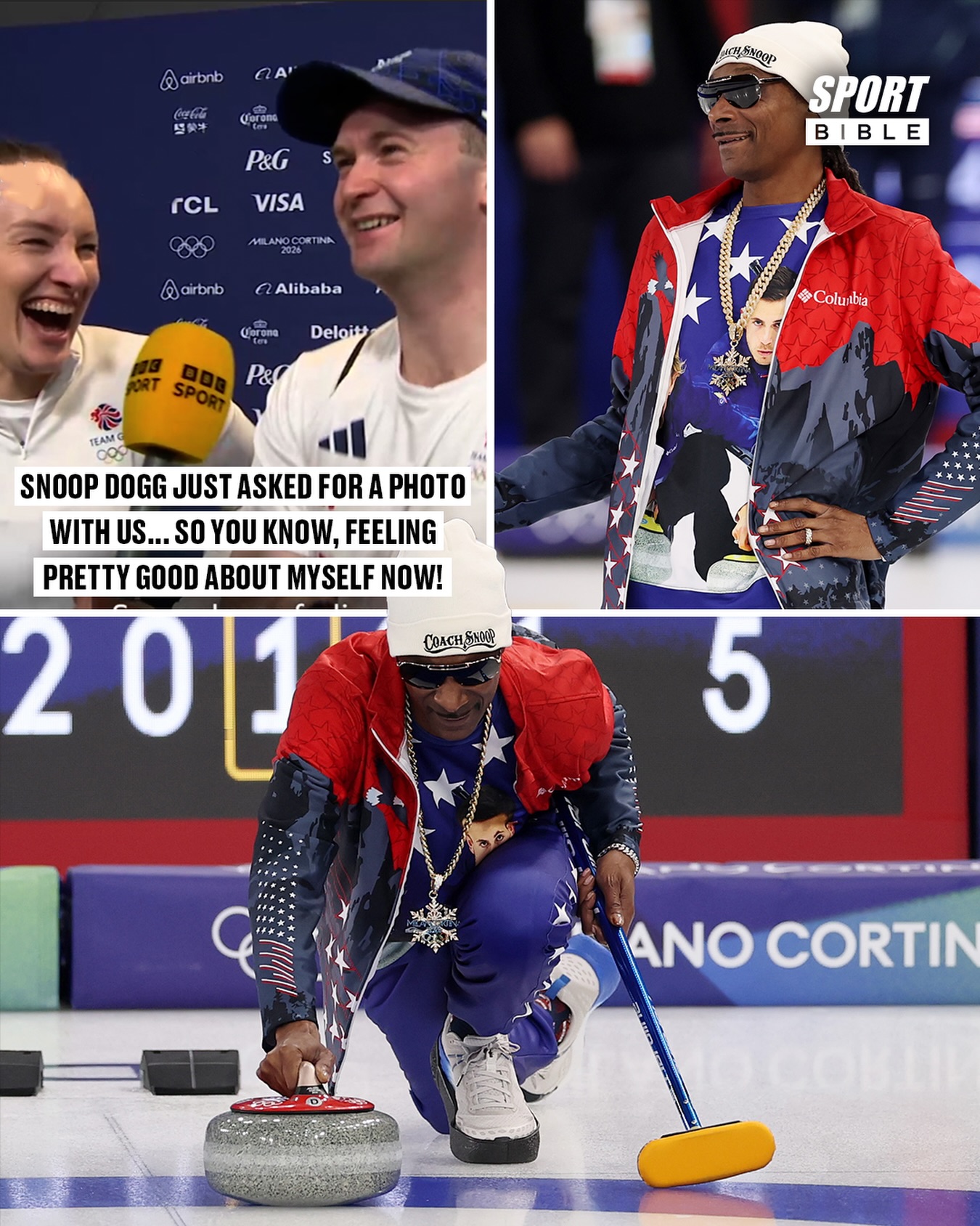 Team GB’s mixed doubles curling team of Jen Dodds and Bruce Mouat couldn’t believe legendary rapper Snoop Dogg asked them for a selfie at the Winter Olympics in Italy 🤳🏻 😂

Snoop Dogg even tried his hand at the sport whilst wearing a jacket that featured photos of US curlers Cory Thiesse and partner Korey Dropkin, and took on the role of honorary coach for the US team 🥌 😂

What sport will Snoop Dogg end up trying next as he continues to enjoy the spectacle? 🤔

🎙️ @bbcsport