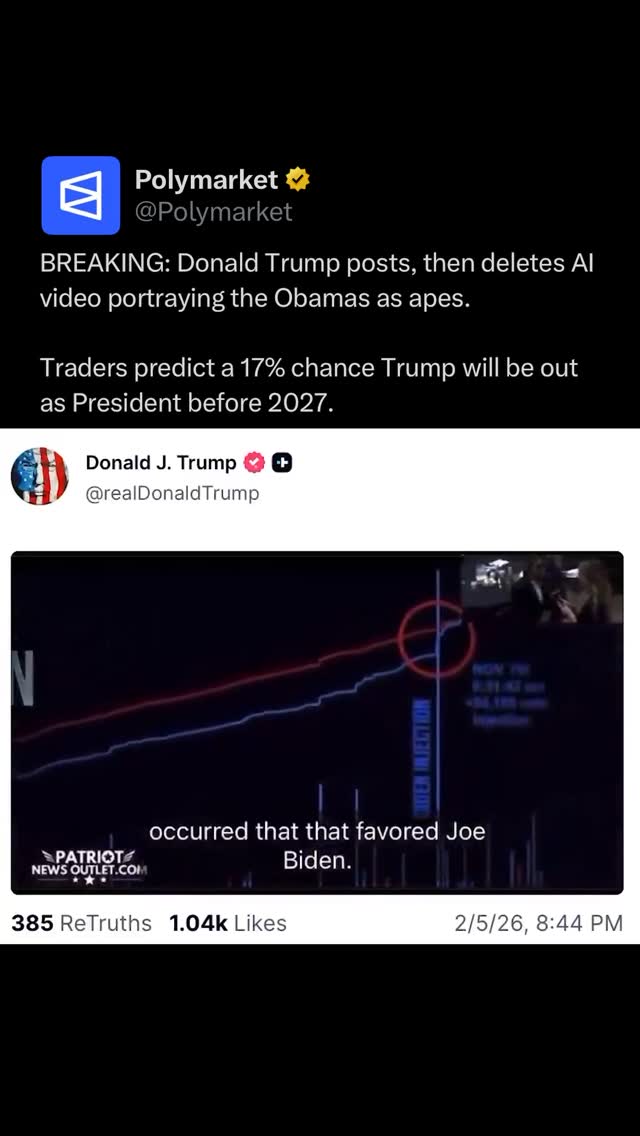 President Trump shared a minute-long video promoting 2020 election claims that briefly included an AI-generated clip depicting Barack Obama and Michelle Obama as apes. 

After backlash, the post was deleted, with the White House saying it was shared in error by a staffer.