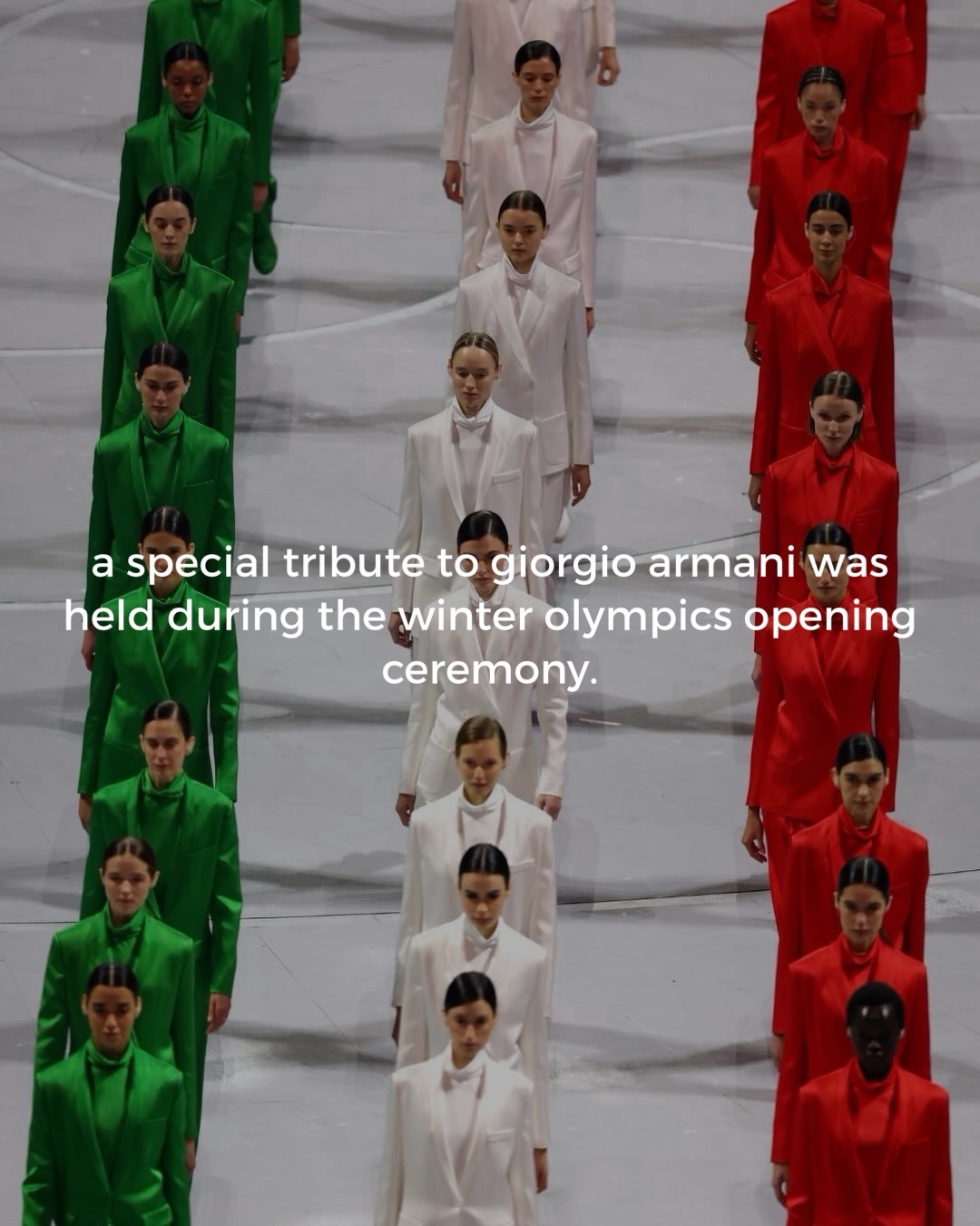 A tribute to Giorgio Armani. ❤️

The stadium lights up in green, white, and red as custom Armani suits take center stage. Three runways, three groups of models, one celebration of Italian elegance. @vittoria serves as the flag bearer for the opening ceremony.