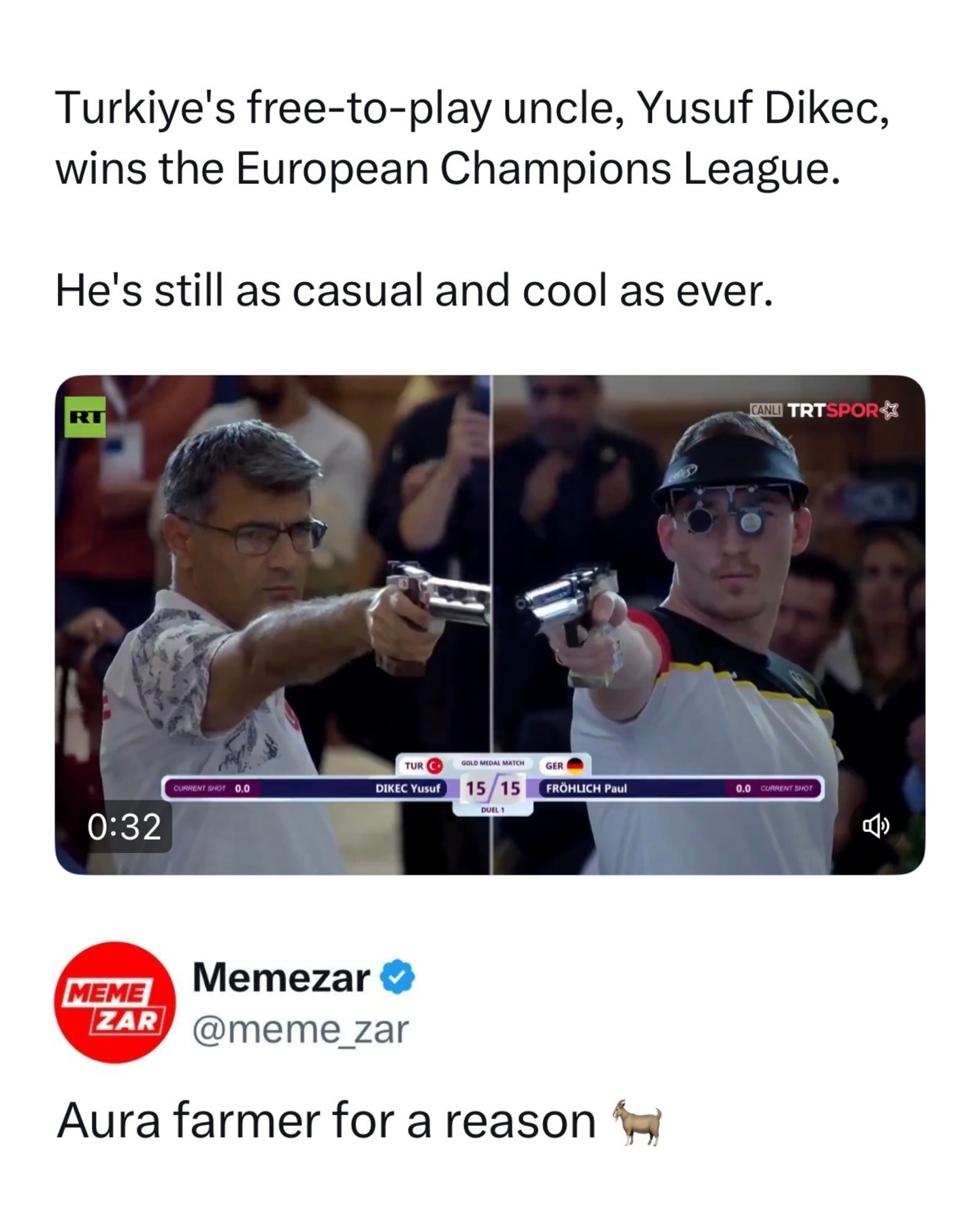Yusuf Dikeç, the effortlessly cool shooting legend, has won the European Champions League and he did it with the same calm, unbothered aura that made him go viral during the 2024 Olympics.

Known for looking like he just walked out of a Sunday grocery run rather than a high-pressure final, Dikeç once said that while he appeared relaxed, “storms were raging inside me.” Despite that, the man’s composure never cracks. From dominating on the range to taking wholesome pics with his cat, he might be the most unintentionally iconic athlete on the planet right now.

Like this content? Follow @memezar for more ❤️

#memezar #YusufDikec #Turkiye #shootingchampion #europeanchampionship
