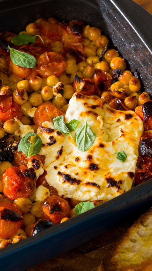Save this recipe to your “Weeknight Dinners” collection!
•
Here’s what you need: 

2 cups cherry tomatoes
2 540 ml cans, chickpeas
5 cloves garlic, sliced thin
1/4 cups fresh oregano (1 tbs dried)
1 tbsp honey
2 strips of lemon peel
dash of red chilli flakes
1/4 cup extra virgin olive oil
1 tsp salt
1 tsp pepper
8 oz feta cut into 4 thinner blocks
garnish with fresh oregano or basil
•
Save this one folks! And comment “Recipe” to have the full recipe sent to you!