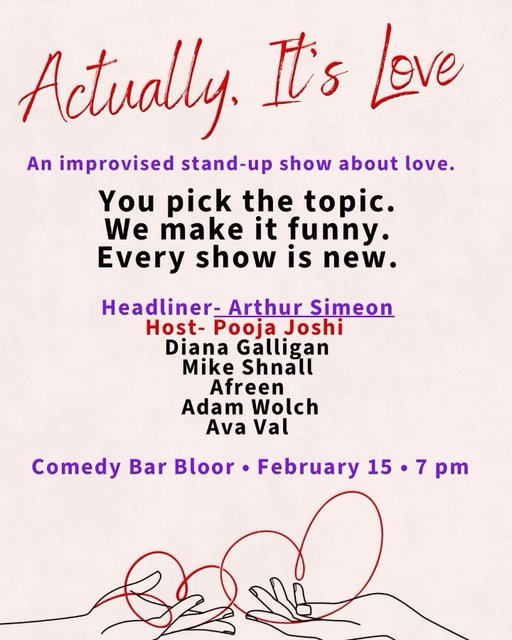 Actually, It’s Love…and @arthursimeon Arthur Simeon is headlining 
He is a favourite on Just For Laughs. HBO and more. Very funny.
Feb 15 | 7 PM @comedybarto 
Tickets in bio 🎟️
