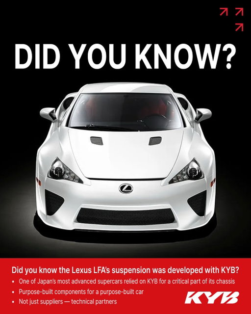The Lexus LFA’s suspension wasn’t off the shelf—it was co-engineered. KYB partnered with Lexus to deliver bespoke dampers built for balance, precision, and high-speed stability.
That’s the difference between supplying parts—and engineering performance. #KYB #OffWeGo #LexusLFA #DidYouKnow