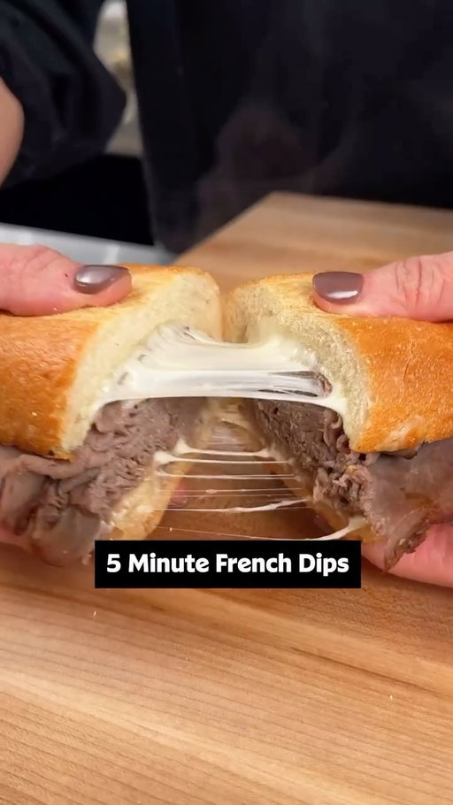 You can make the best sandwich in 5 minutes! 💯 With just a handful of ingredients, you’ve got a satisfying French Dip. Get the recipe below or at the link in @allrecipes bio. 🥪

Ingredients: 
4 hoagie rolls, split lengthwise but still connected
8 slices provolone cheese, halved
1 (10.5 ounce) can beef consomme
1 (10.5 ounce) can French onion soup
1 1/2 cups water
3/4 pound thinly sliced roast beef

Directions: 
Preheat the oven’s broiler to Low Broil. Place 2 half slices cheese on each half of each roll. Place hoagie rolls on a baking sheet.

Broil in the center of the oven until cheese is melted. 

Meanwhile, heat beef consomme, French onion soup, and water in a saucepan over medium heat until just simmering. Add beef until just heated through, 2 to 3 minutes.

Remove roast beef from soup, allowing any excess liquid to drip back into the saucepan; divide meat evenly among hoagie rolls.

Divide soup into 4 dipping bowls and serve sandwiches with jus.

🎥: Nicole @nicolemcmom

#frenchdip #easyrecipe