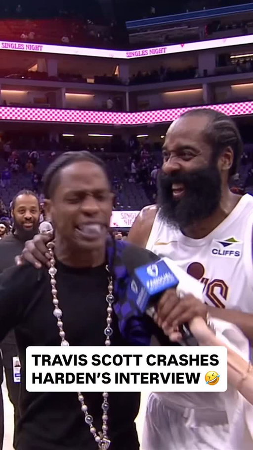 @travisscott crashes the interview and brings the ENERGY after watching @jharden13 get the win in his @cavs debut! 🗣️