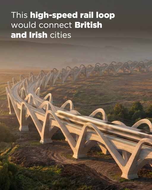 Proposals for a high-speed rail loop that would link nine urban centres across Great Britain and Ireland have been put forward by RIBA President Chris Williamson. The so-called ‘Northern Loop’ would create a ‘dispersed but connected’ global city of around ten million people.

Williamson suggests that the Northern Loop would cost £130BN to construct and deliver £12BN a year in economic benefits. He confirmed in a social media post on 8 February that the proposal had been submitted to the Royal Academy’s 2026 summer exhibition.

“Maybe I have been too influenced by the scale, the vision and the ambition of The LINE in Saudi Arabia, having worked on the high-speed stations running alongside the 170-kilometre city for the last few years,” said Williamson in a statement provided to The B1M. “But we in the British Isles should be equally ambitious about our future. At present the Government seems to expect each city to compete for the same investment funding, when we need to encourage connectivity and collaboration.”

Locally-sourced stone arches would be used to the elevate the tracks above the landscape – minimising disruption and creating the flat, straight runs that are key to any high-speed line. Engineering consultants Elliott Wood have provided input into the proposals from an early stage.

The UK is currently constructing phase one of its second ever high-speed rail line, High Speed Two (HS2), which will run between London's Old Oak Common and Birmingham. The HS2 project has been branded an "appalling mess" by the UK Government and currently has no firm completion date. Latest estimates suggest that phase one could cost as much as £80BN.

“Britain needs a vision that can excite the country, regenerate the economy and restore confidence,” said Williamson. “Architects once published manifestos. They were not always right, but they inspired, provoked and set out ideas they believed in. This project is intended as a return to that time.”

Read more in our full article on TheB1M.com – link in our bio 🏗️

📷 Chris Williamson

#architecturelovers #infrastructure #rail #TheB1M #construction