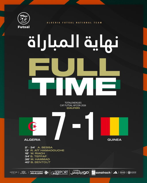 FULL TIME | نهاية المباراة

‬
#LesVerts_Futsal | #123VivaLAlgérie 🇩🇿