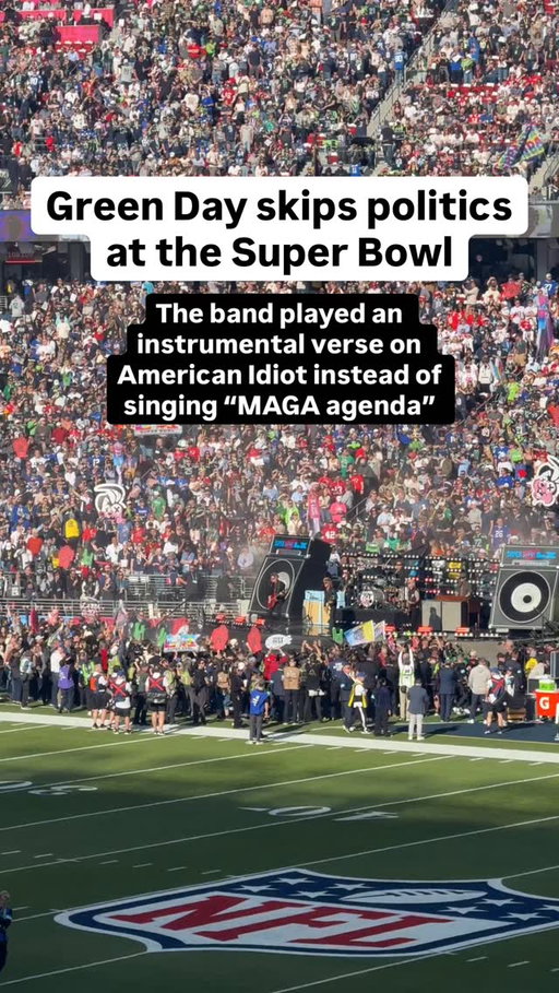 Green Day played it safe in their Super Bowl pre-game show on Sunday, skipping references to the “MAGA agenda” in the second verse of their hit song “American Idiot.”

The band had an f-bomb bleeped out in the first verse (the mics were muted in the stadium, too) but otherwise kept things clean. 

It was a stark departure from their appearance at a private pre-Super Bowl party on Friday night, when frontman Billie Joe Armstrong called out ICE agents in their set, telling them to quit their “sh*tty ass jobs.”

🎥: @reillystyley / Axios