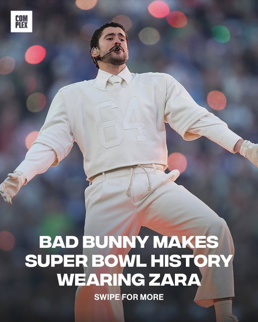 Bad Bunny made Super Bowl history in custom Zara 🔥

His head-to-toe cream look was designed by Zara and styled by @stormssmoov