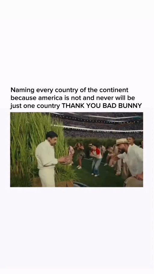 this is history

Bad Bunny turned one of the most‑watched stages in the world into a global shout‑out during his Super Bowl halftime performance. After performing in Spanish and honoring his culture, he paused and named off countries across the Americas — from South America, through Central America, all the way up with Canada — while screens behind him displayed the message “THE ONLY THING MORE POWERFUL THAN HATE IS LOVE”. It was a moment about inclusion, identity, and unity, and fans instantly started sharing the clip everywhere.

The way he celebrated all of the American continents in one breath — pairing the roll call with visuals of flags and that powerful ending message — made the performance feel bigger than just a show. Bad Bunny isn’t just making music history as a headliner; he’s using his platform to remind everyone that culture and community transcend borders, and the emotional reactions online prove it hit deep.

#badbunny #superbowl #america