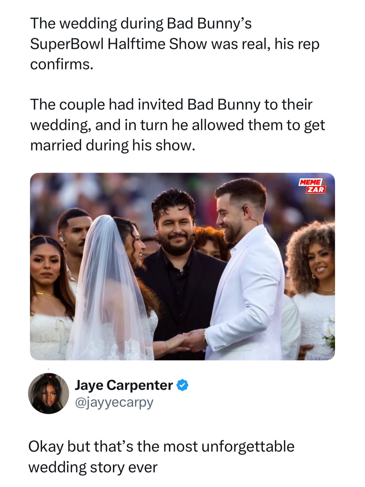 Bad Bunny interrupted his Super Bowl LX halftime set to host a real wedding on stage, honoring a couple who had previously invited him to their private ceremony. An officiant married the pair live amidst a festive backdrop, with Bad Bunny serving as the official witness and signing their marriage certificate before the global audience.
The vows transitioned seamlessly into a surprise performance by Lady Gaga, who joined Bad Bunny for a salsa-infused rendition of “Die With a Smile.” The duet transformed the halftime show into a high-energy wedding reception, cementing the performance’s central theme of celebrating Puerto Rican culture and unity.

Like this content? Follow us for more @memezar ❤️