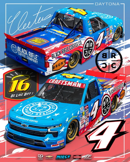 A ‘can’t miss’ tribute for a mentor 🇺🇸🦅

Pending his NASCAR Approval, @cleetusmcfarland will proudly carry @blackriflecoffee and the iconic Biffle font on the No. 4 Chevy Silverado at Daytona.

#PressTheAttack | #TeamChevy | #BeLikeBiff