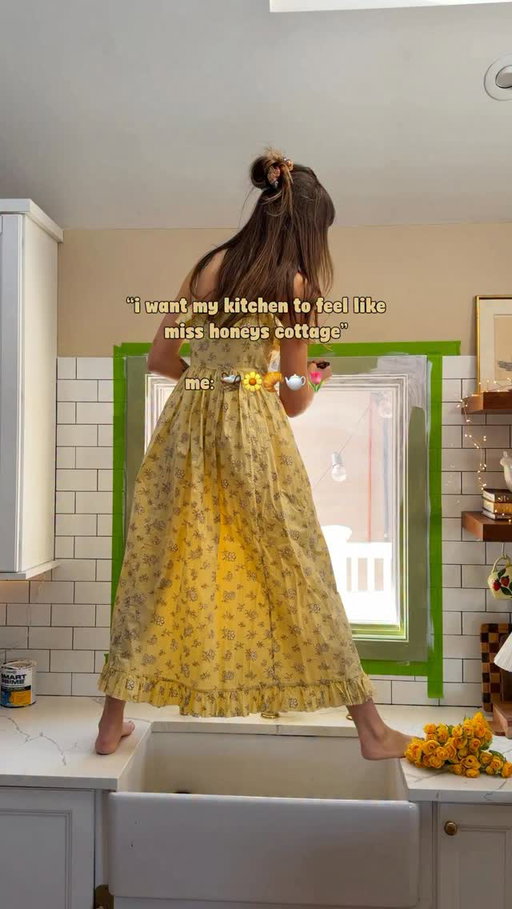 miss honeys cottage lives rent free in my mind, and it’s my kitchen inspiration 🌷🌼🧺 there’s so many cute detail that will instantly warm up your space, like hanging baskets, adding florals & cottage core artwork. do you like the green window trim? #diy