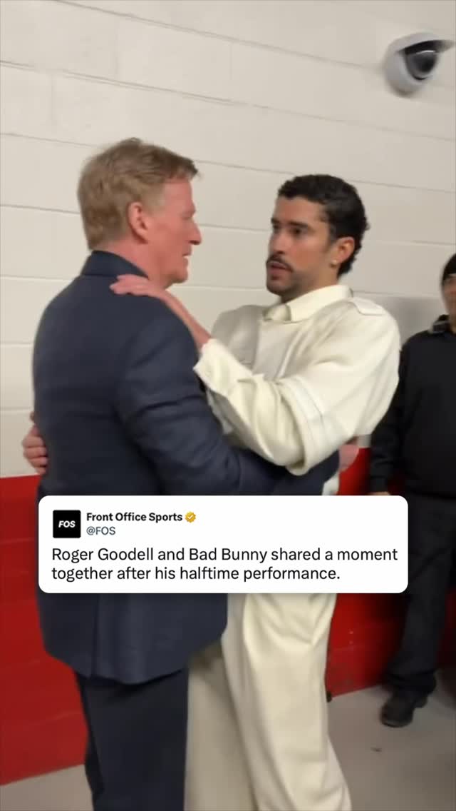 Bad Bunny embraced NFL commissioner Roger Goodell, who stayed committed to the Puerto Rican superstar despite criticism.

Bad Bunny, just like pregame performer Green Day, paused the political commentary during the NFL’s title game.

The Puerto Rican superstar performed a joyful and rapid-fire medley of a dozen songs Sunday at Levi’s Stadium. Singing almost entirely in Spanish, Bad Bunny made good on his pregame promise to throw “a huge party,” and his performance had guest appearances from Lady Gaga and Ricky Martin. That marked a reunion of sorts, as Lady Gaga headlined the halftime show for Super Bowl LI in 2017.

What didn’t happen, though, is a repeat of many appearances, on stage and off, in which Bad Bunny has criticized U.S. President Donald Trump and administration policies.

That political outspokenness has been a flashpoint in the run-up to the high-profile cultural event. Bad Bunny used his Grammy Awards platform last weekend to say, “Before I say thanks to God, I’m going to say: ICE out,” again challenging tactics by U.S. Immigration and Customs Enforcement.

The closest he came to a political statement was toward the end of the set, in which the scoreboard read “The only thing more powerful than hate is love” and he held a football with the message, “Together, we are America.”

Story in bio.