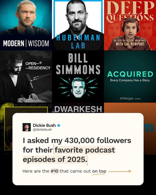 I asked my 430,000 followers for their favorite podcast episodes of 2025.

Here are the 10 that came out on top:

1. 44 Harsh Truths About The Game Of Life - Naval Ravikant

2. David Whyte on Tetragrammaton with Rick Rubin

3. Huberman Lab podcast: How to Overcome Inner Resistance - Steven Pressfield

4. Costco on Acquired

5. Open Residency Podcast with Sahil Bloom

6. Max Kellerman on Life After ‘First Take,’ Stephen A. Smith, and ESPN - The Bill Simmons Podcast

7. Chris Williamson interviewing Alex Hormozi

8. Stop Fearing AI. Start Using It Like THIS. GaryVee w/ The Liz Moody Podcast

9. Tyler Cowen - The #1 bottleneck to AI progress is humans

10. Finish One Week Of Work Today - Life Changing Advice To Get Your Life Back - Cal Newport

Thanks for reading!

If you enjoyed this, then follow me for more posts on digital writing and digital businesses.