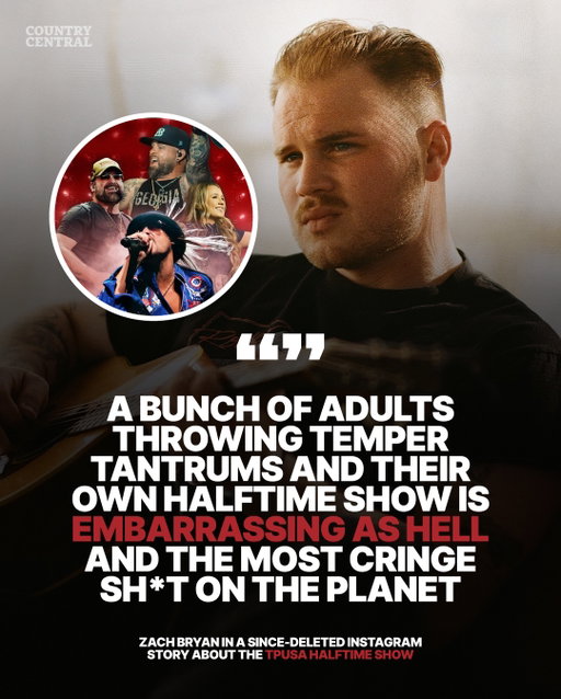 Zach Bryan addressed the TPUSA halftime show in a since-deleted Instagram Story, calling it “embarrassing as hell” and “the most cringe sh*t on the planet.”

The comment came after an angry DM accused Zach Bryan of being a Hollywood sellout in response to his Instagram Story sharing a meme about Kid Rock and the TPUSA halftime show.

H/T @WhiskeyRiff