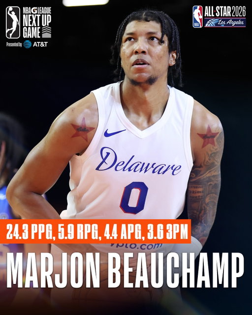 @sixers Two-Way MarJon Beauchamp is TORCHING the G League for 24.3 PPG with the @delawarebluecoats! He’ll put his skills on display in the Next Up Game at #NBAAllStar in Los Angeles. ⭐️ 

Catch all the action on Sunday, Feb. 15 at 3:30 p.m. ET on the NBA Channel and NBA App. #GLeagueNextUp