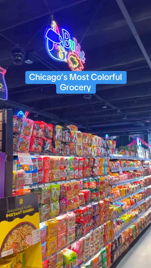 Neon lights and international snacks at this Chicago grocery!