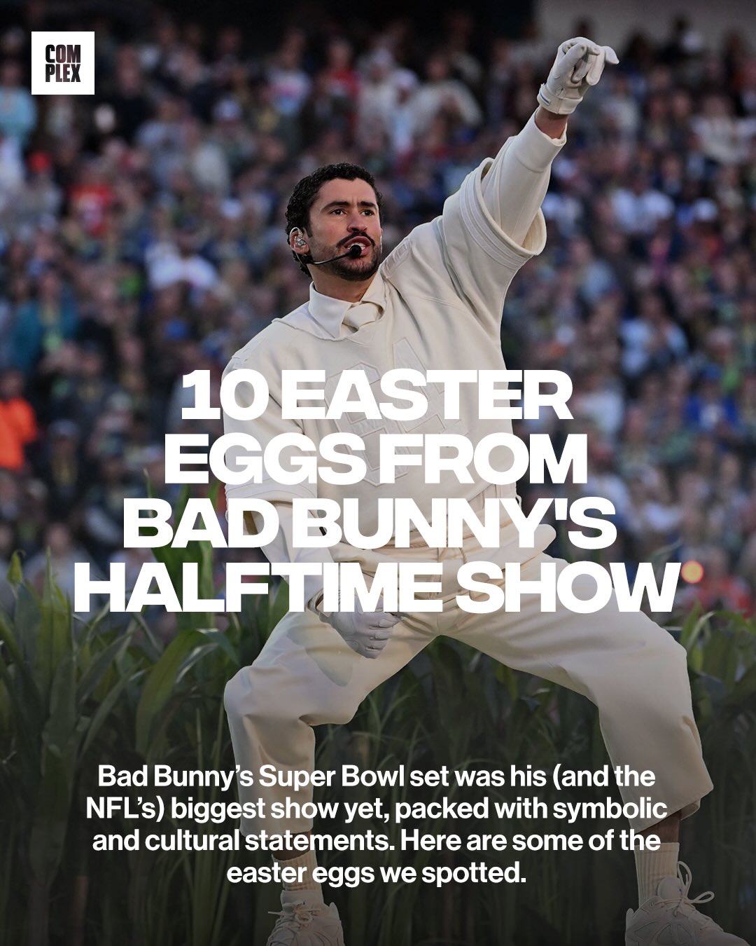 Bad Bunny’s Super Bowl halftime show was an intricate blend of culture, music, and pointed homages to his homeland of Puerto Rico. Every moment of the performance felt intentional, layered with symbolism that spoke to Latin identity, history, and culture both personal and collective.

Swipe through to see the break down some of the many easter eggs we spotted throughout the performance 🇵🇷

Shop the Big Game collection on Complex at the LINK IN @complexmusic BIO 🔗

(✍️: @antoniojohri)